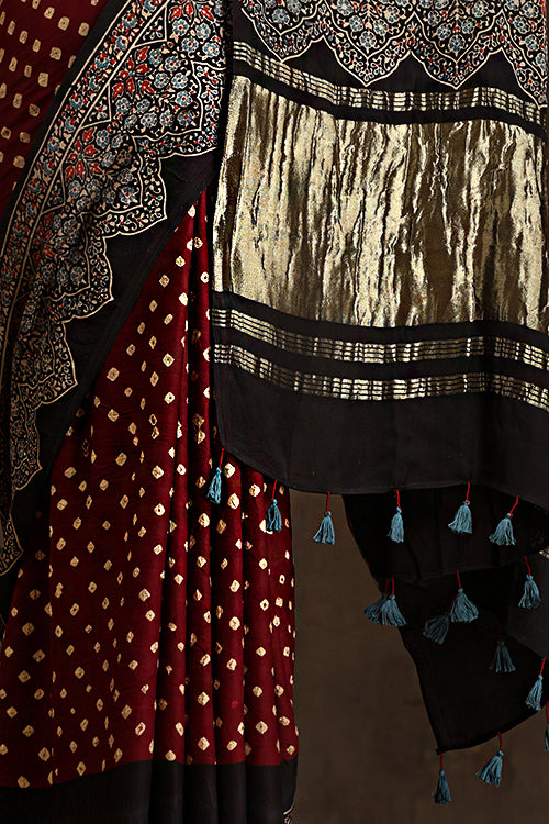 Jahangir Khatri - Black & Maroon Ajrakh With Bandhani Modal Tissue Saree - 015