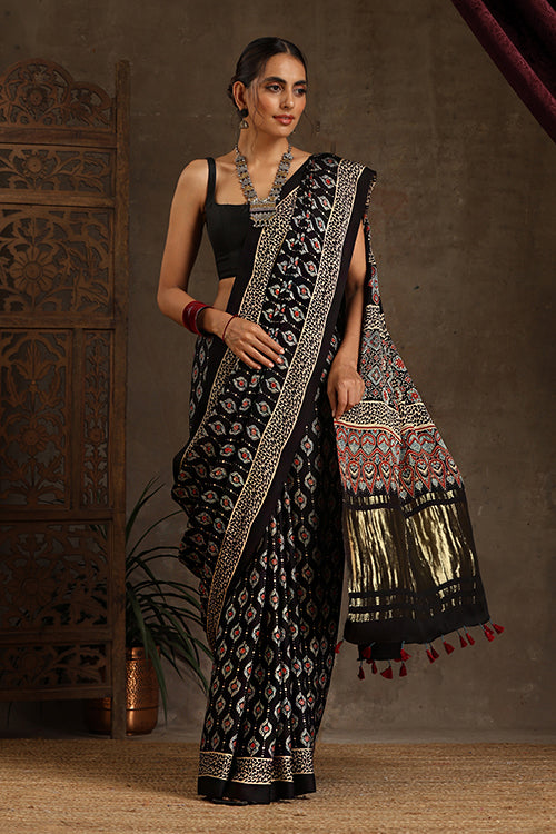 Jahangir Khatri Handblock Printed Black Ajrakh Saree Online - 011