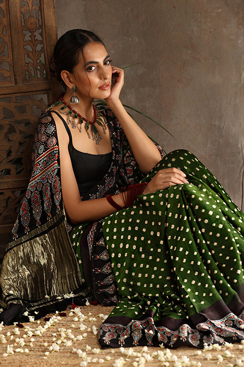 Jahangir Khatri - Black & Green Ajrakh With Bandhani Modal Tissue Saree - 013