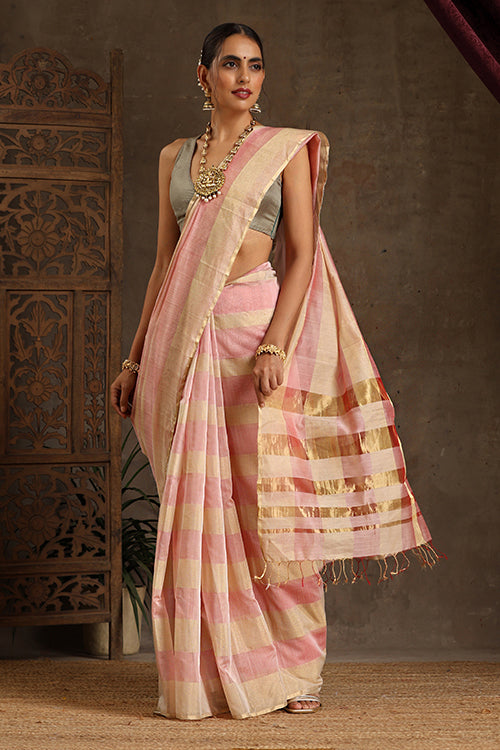 Cotton Tissue Pink And Gold Maheshwari Silk Saree Online