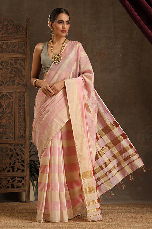 Maheshwari Handwoven Silk Cotton Tissue Pink And Gold Saree With Gold Border