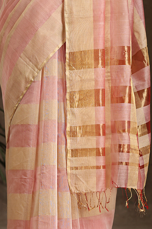 Cotton Tissue Pink And Gold Maheshwari Silk Saree Online