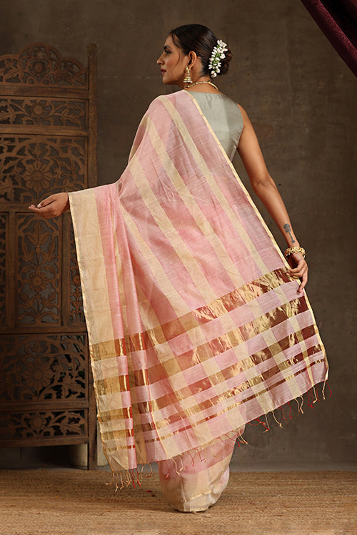 Maheshwari Handwoven Silk Cotton Tissue Pink And Gold Saree With Gold Border