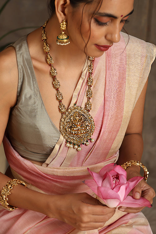 Maheshwari Handwoven Silk Cotton Tissue Pink And Gold Saree With Gold Border