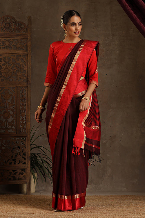 Maheshwari Handwoven Silk Cotton Resham Border Saree With Contrast Pallu And Blouse - Colour -Maroon