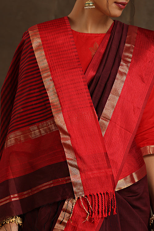 Maheshwari Handwoven Silk Cotton Resham Border Saree With Contrast Pallu And Blouse - Colour -Maroon