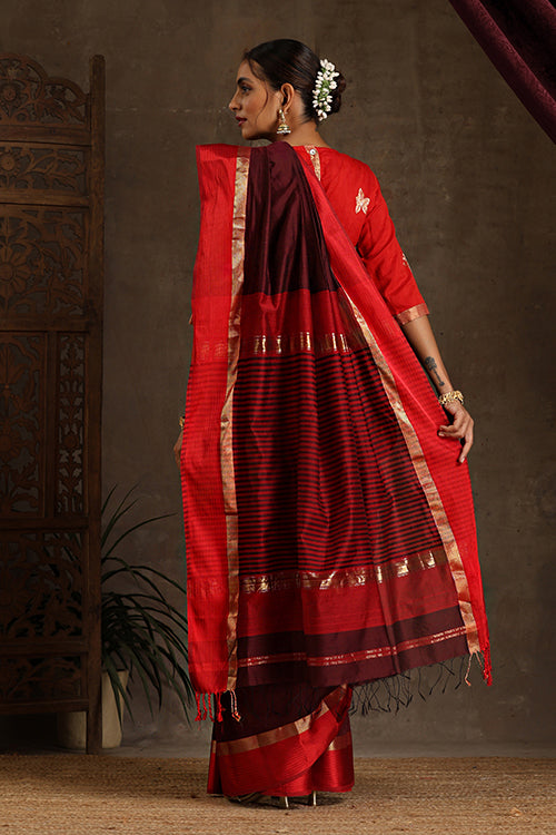 Maheshwari Handwoven Silk Cotton Resham Border Saree With Contrast Pallu And Blouse - Colour -Maroon
