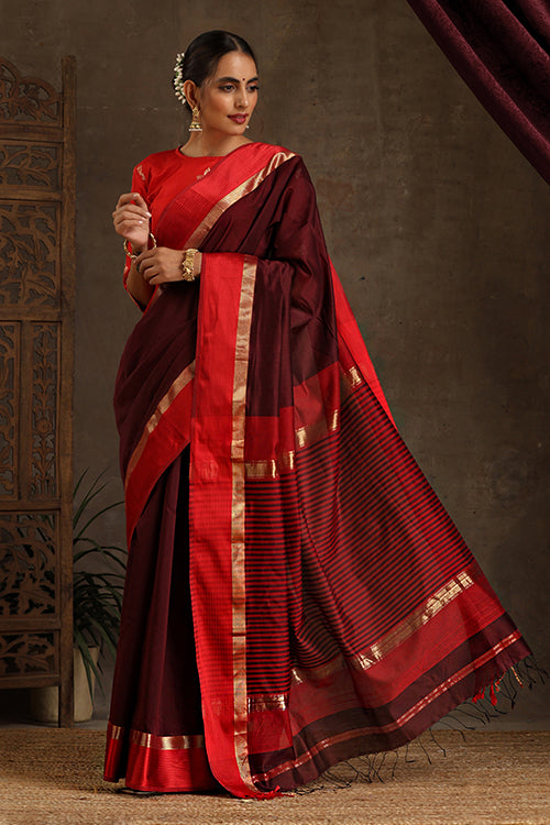 Cotton Resham Border Maroon Maheshwari Silk Saree Online