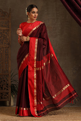 Maheshwari Handwoven Silk Cotton Resham Border Saree With Contrast Pallu And Blouse - Colour -Maroon