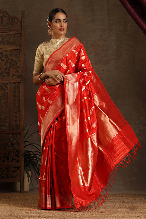 Red Handloom Banarasi Pure katan Silk Cutwork Boota saree