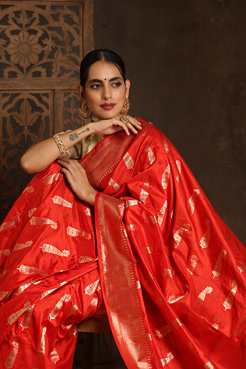 Red Handloom Banarasi Pure katan Silk Cutwork Boota saree