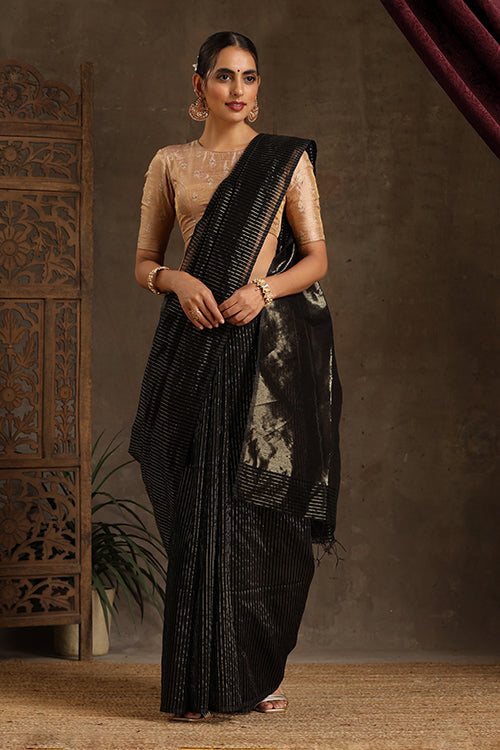 Maheshwari Handwoven Silk Cotton Jari Stripes Saree With Black Blouse,Colour -Black