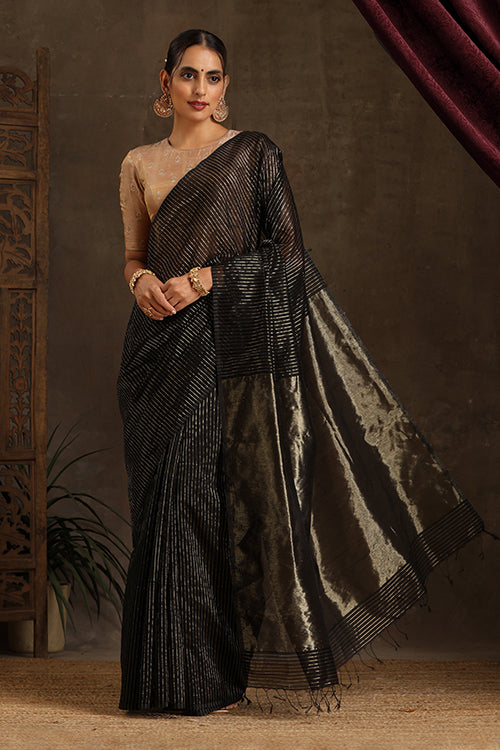 Maheshwari Handwoven Silk Cotton Jari Stripes Saree With Black Blouse,Colour -Black