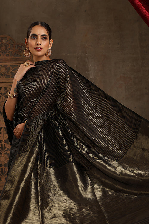 Maheshwari Handwoven Silk Cotton Jari Stripes Saree With Black Blouse,Colour -Black