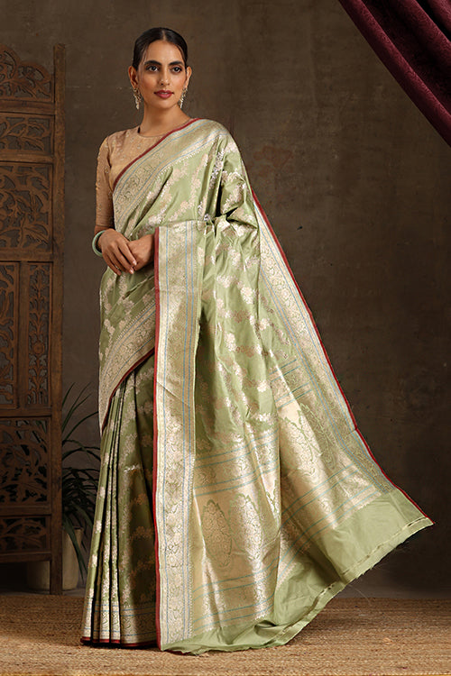 Green Handloom Banarasi Pure Katan Silk Kadwa Saree Online