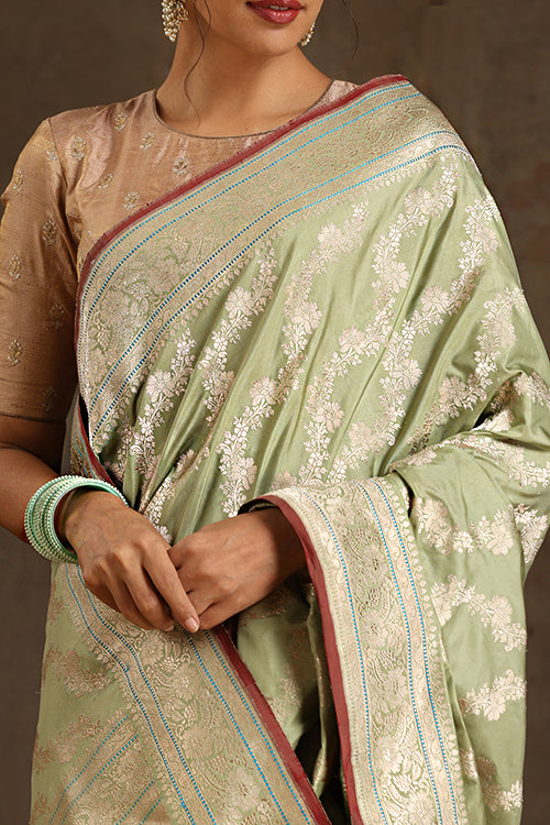 Green Handloom Banarasi Pure Katan Silk Kadwa Saree Online