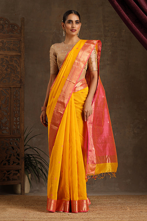 Bright Mustard Yellow Coloured Pure Silk Saree With Contrast Safair Blue  Blouse