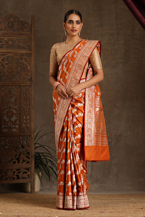 Orange Handloom Banarasi Pure Katan Silk Kadwa Aara  Saree