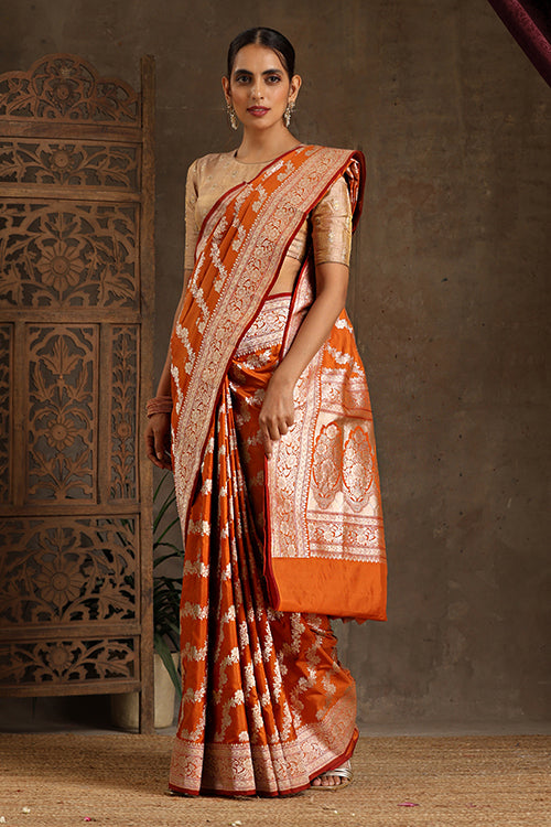 Orange Handloom Banarasi Pure Katan Silk Kadwa Aara  Saree