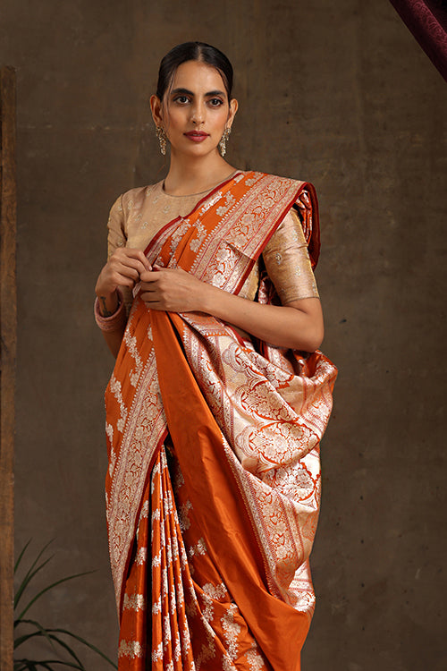 "VWAS" Orange Handloom Banarasi Pure Katan Silk Kadwa Aara  Saree