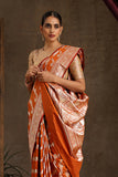 Orange Handloom Banarasi Pure Katan Silk Kadwa Aara  Saree
