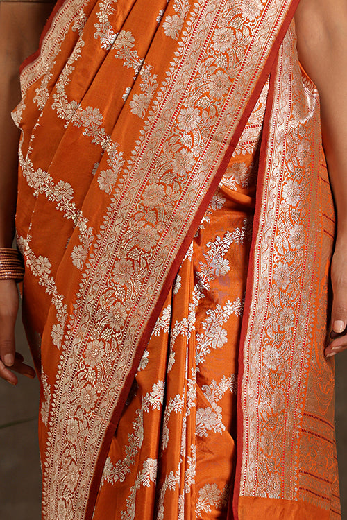 Orange Handloom Banarasi Pure Katan Silk Kadwa Aara  Saree