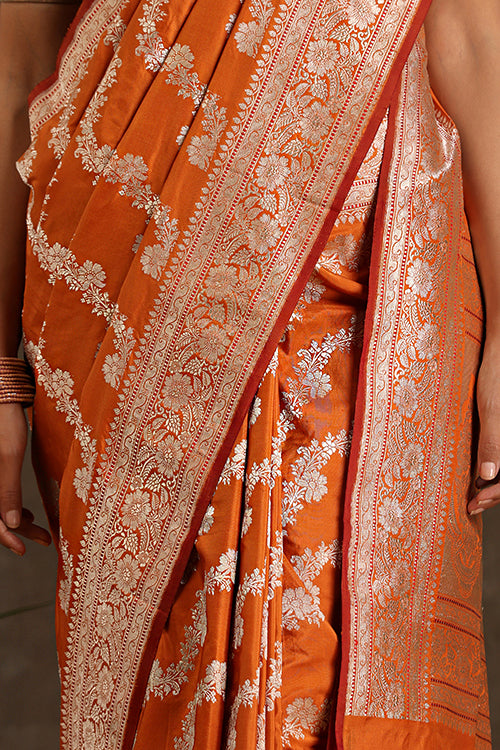 "VWAS" Orange Handloom Banarasi Pure Katan Silk Kadwa Aara  Saree