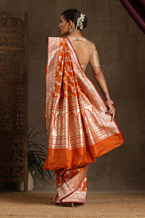 Orange Handloom Banarasi Pure Katan Silk Kadwa Aara  Saree