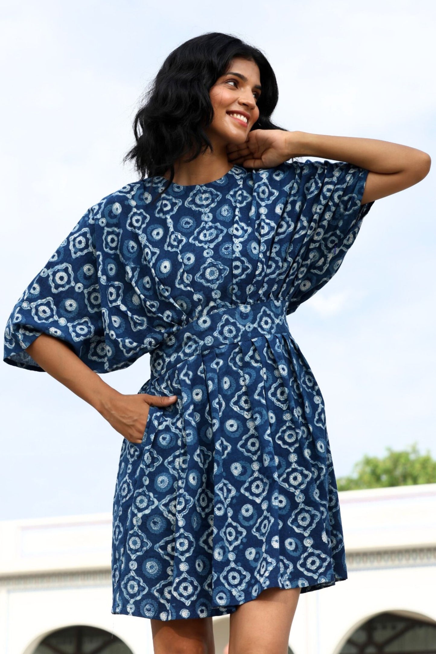 Okhai "Agatha" Handblock Printed Pure Cotton Indigo Dress