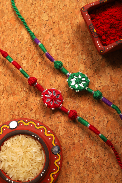 Antarang- Patwa Mirror Work, 100% Cotton, Bhai Rakhi Set. Marron-Green. Made By Divyang Rural Women.