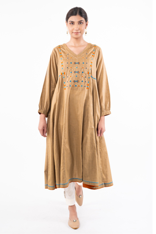 Naman Beige Soof Hand Embroidered Flared Kurta