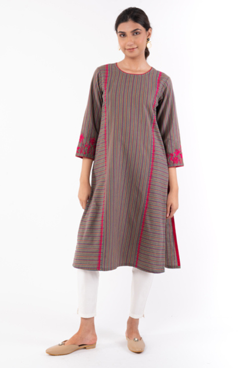 Rangsutra Pardis Grey Chikankari Round Neck Kurta