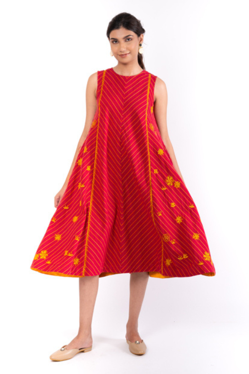 Pardis Red Chikankari Round Neck Dress