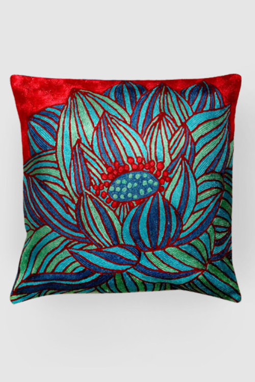 Zaina By Ctok Lotus Chainstitch Embroidered  Cushion Cover- Blue & Red