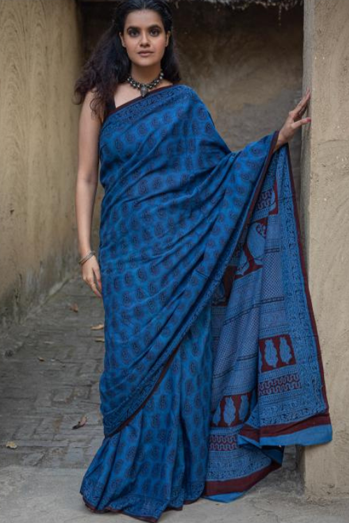 Exclusive Bagh Hand Block Printed Cotton Saree - Blue Paisleys