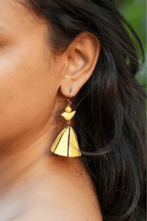 Mridah 'Birdie Bell' Handcrafted Terracotta Bell Yellow Jhumka
