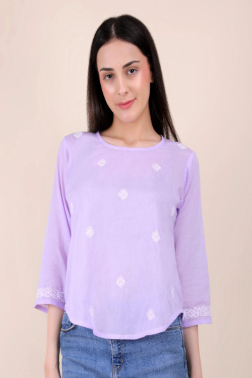 Shwet Women Hand Embroidered "Pastel Poise" Lavendar Short Top