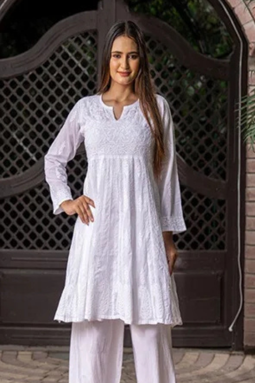 Craftroots Chikankari Knee-Length Flared Kurta
