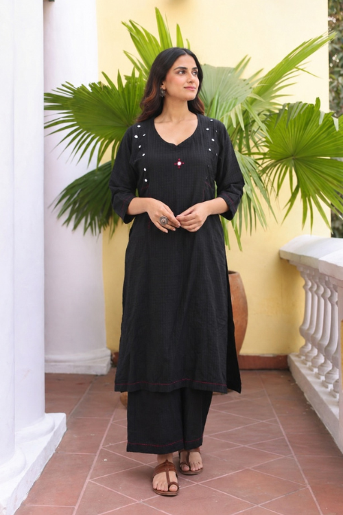 Bebaak Gauri Handwoven Cotton Mirror Black Kurta Set