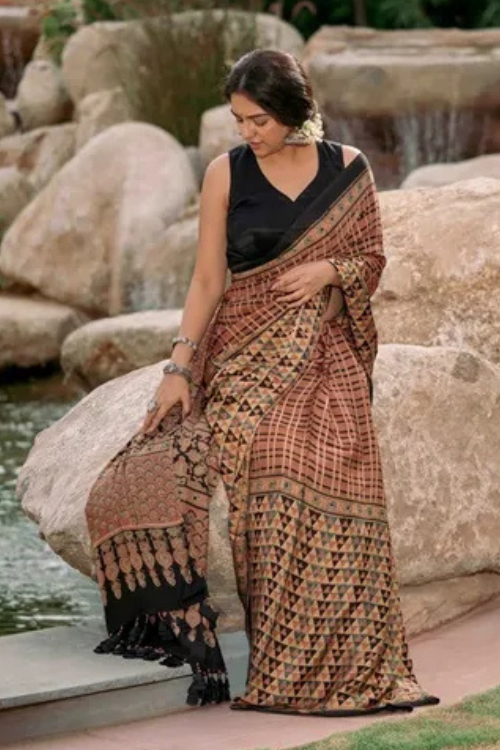 Craftroots Ajrakh All Over Floral Modal Saree With Tassels