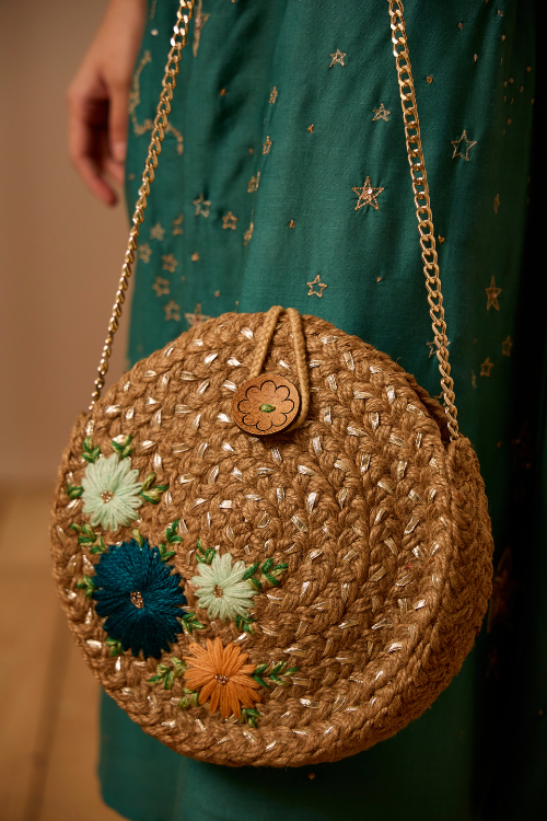 Dhaaga Handcrafts Orange Floral Round Handmade Jute Sling Bag Online