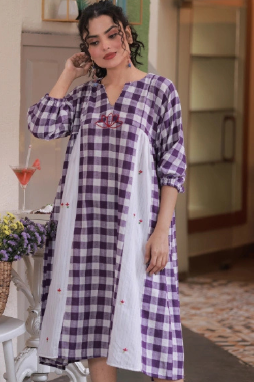 Bebaak Violet Lotus Embroidered Handwoven Dress