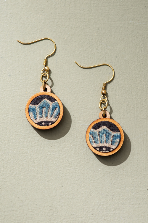 Whe Blue Black Ajrakh Fabric And Repurposed Wood Earrings