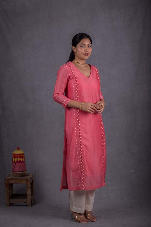 Urmul Desert Crafts Roshni Chanderi Pink Kurti With Soof Hand Embroidery