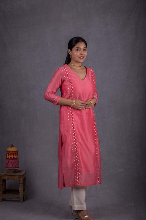 Urmul Desert Crafts Roshni Chanderi Pink Kurti With Soof Hand Embroidery