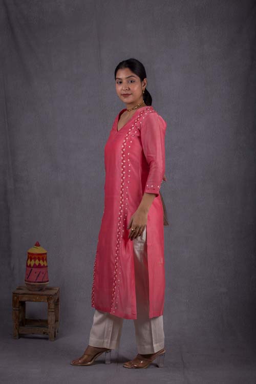 Urmul Desert Crafts Roshni Chanderi Pink Kurti With Soof Hand Embroidery