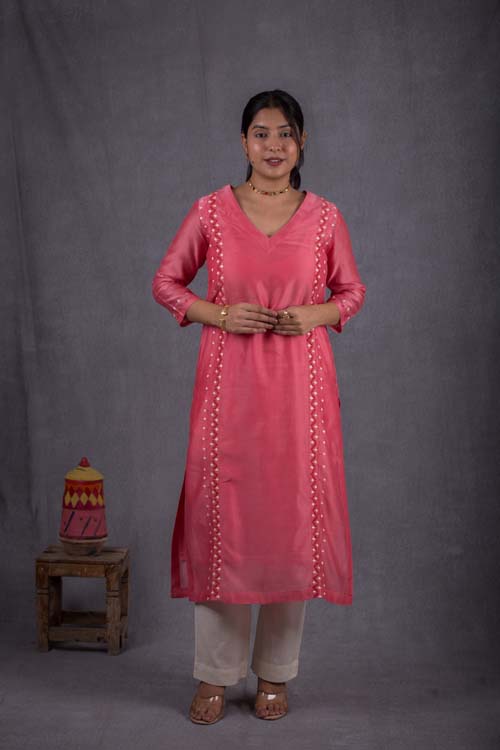 Urmul Desert Crafts Roshni Chanderi Pink Kurti With Soof Hand Embroidery