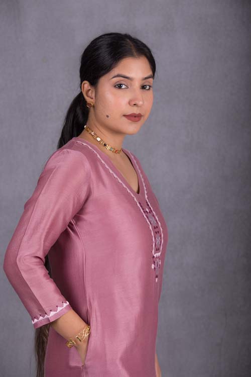 Urmul Desert Crafts Sripal Chanderi Sunset Purple Kurti With Soof Hand Embroidery