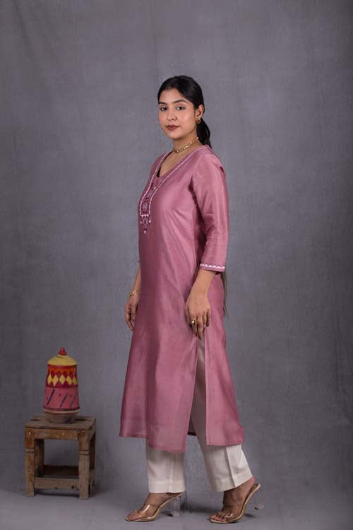 Urmul Desert Crafts Sripal Chanderi Sunset Purple Kurti With Soof Hand Embroidery