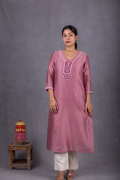 Urmul Desert Crafts Sripal Chanderi Sunset Purple Kurti With Soof Hand Embroidery